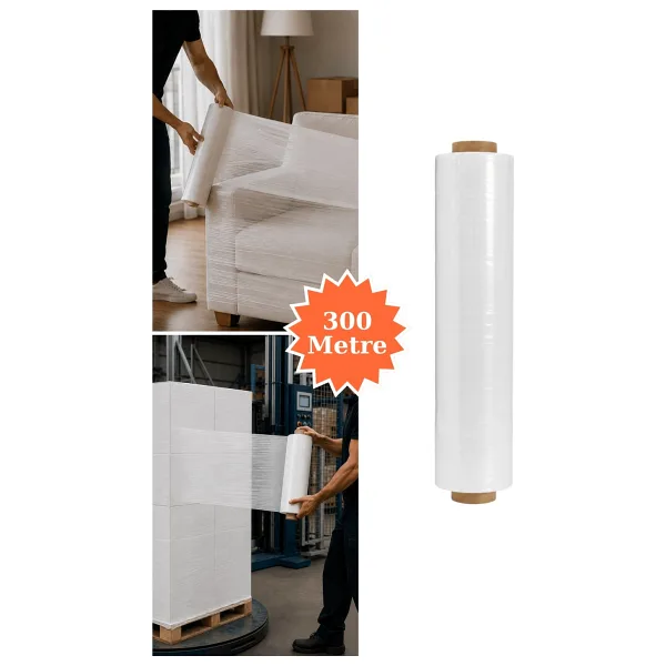 Plas+Plus El Tipi Beyaz Streç Film Mobilya Eşya Koli Palet Paket Taşıma Sarma Koruma 40 cm x 300 m 23 Mikron