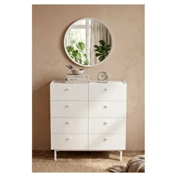 Robin Home Yuvarlak Aynalı Geniş Şifonyer 8 Çekmeceli Ahşap Ayaklı Beyaz