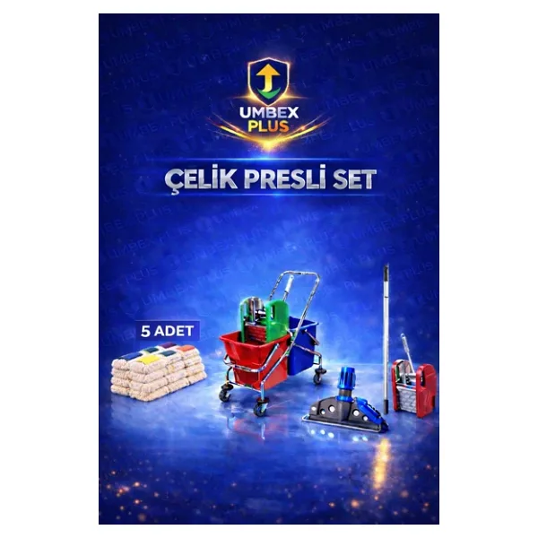 Umbex plus Çift Kovalı Temizlik Arabası Krom Gövdeli Çelik Presli Paspas Arabası Seti Islak Mop Seti.