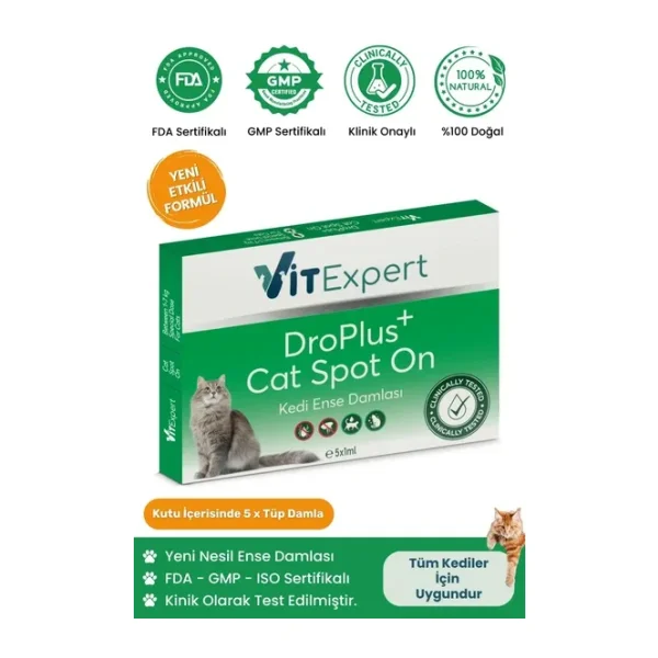 Vitexpert Droplus,Kedi,Damlası,Pire,Dış,Parazit,Bit,Kene,Deri,Bakımı,Için,Bitkisel,Damla,(,1-7,Kg,),5,Tüp