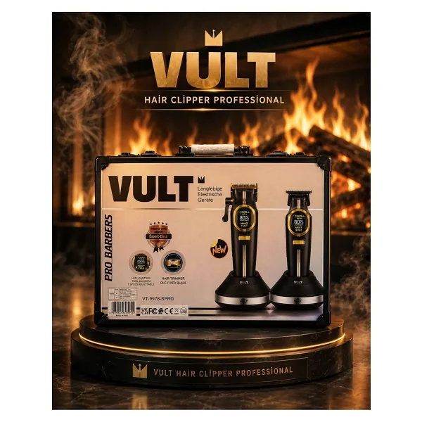 VULT Vt-9978-SPRO Profesyonel Şarjlı Saç Sakal Tıraş Makinesi Seti 2'li Berber Tipi Kablosuz Clipper & Trimmer LED Ekranlı Gold Siyah