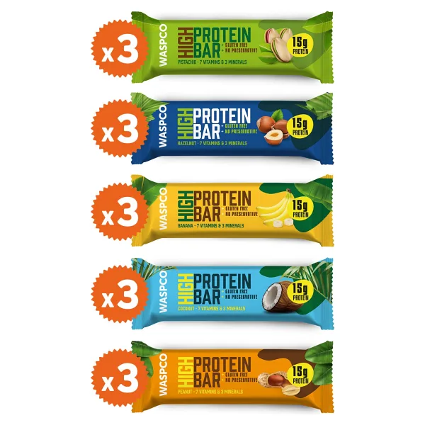 WaspCo Yüksek Protein Bar 50G Karma Kutu 15 Adet (5 Çeşit)