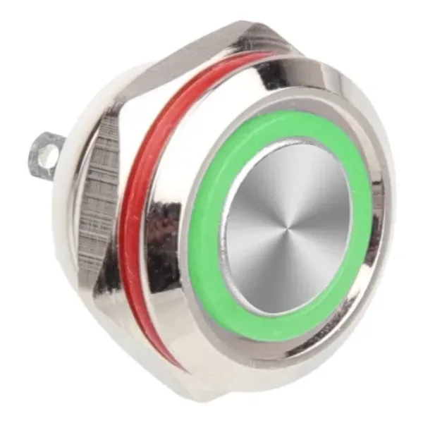 WD12C1-Pin-P1-E 12mm Düz Yaylı Işıklı Metal Buton - Yeşil