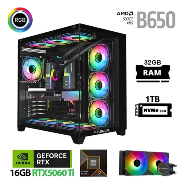 Xaser Lexus x690 Ryzen 7 7800X3D 32GB Ram 1TB M.2 NVMe SSD 16GB RTX5060 Ti Sıvı Soğutmalı Oyuncu Bilgisayarı