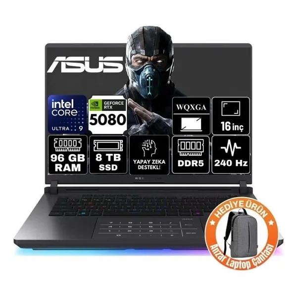 Asus Rog Strix G16 Intel Core Ultra 9 275HX 96GB 8tb SSD RTX5080 16GB 175W Windows 11 Pro 16" 240Hz Wqxga Taşınabilir Bilgisayar G615LW-S5185-A115 - 8 TB - 96 GB