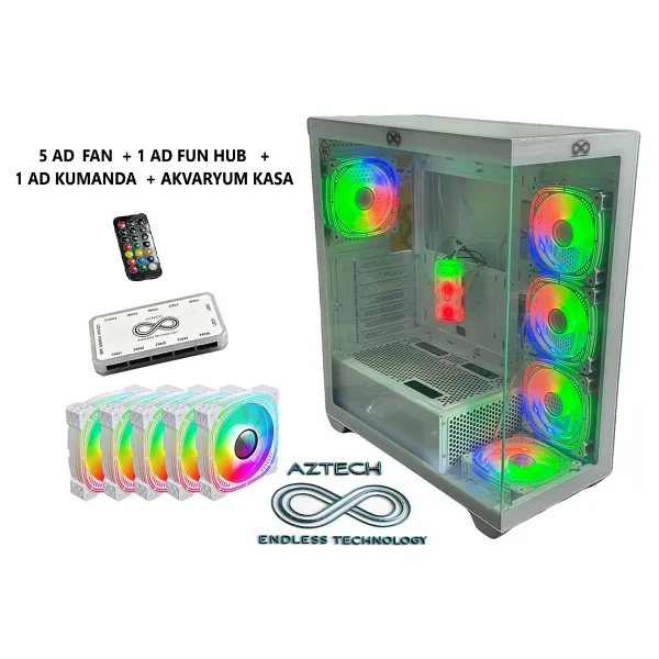 Aztech Azt201-W 600W Temperlı Cam U.kumandalı+5Xrgb Fan Akvaryum Gamıng Kasa Beyaz