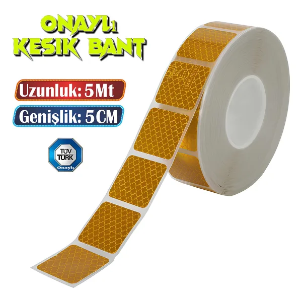 Badem10 Tüvtürk Onaylı 5 Metre Sarı Parçalı Reflektörlü Reflektif Fosforlu Şerit Bant Kesikli İkaz Bandı