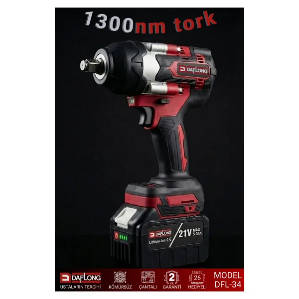 Daflong Pro 15 Pilli Batarya 21V Kömürsüz 1300Nm Torklu 1/2 Şarjlı Somun Sökme Dfl34