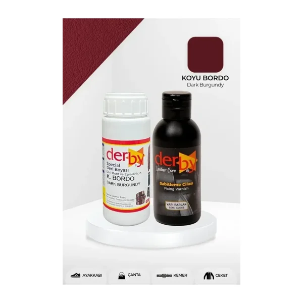Derby Special Deri Boyası ve Cilası - 2'li Set / Mont - Eşya - Çanta - Cüzdan - Kemer 100 ml - Kartela Renkleri - Koyu Bordo
