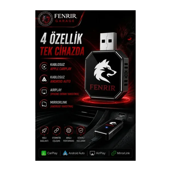 Fenrir Garage Kablosuz Araç Ekran Yanstıcı ve Carplay Adaptörü, Kablosuz Dönüştürücü 4in1 İOS&ANDROİD !!!