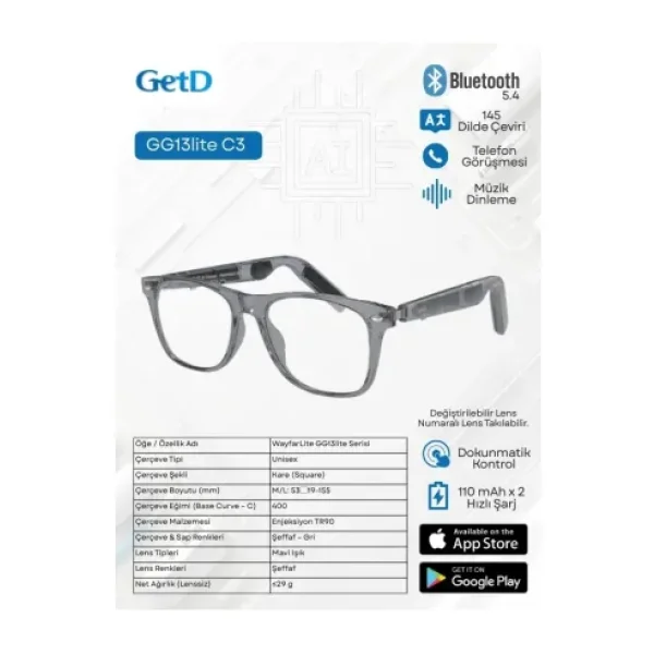 Get D GETD GG13liteC3 Akıllı Gözlük - Çeviri, Müzik ve Arama Özellikli Bluetooth Gözlük(Kamerasız)