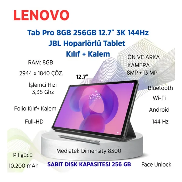 Lenovo Idea Tab Pro 2.2ghz 8gb 256GB 12.7inch' 3k- Android Tablet + Anker 10000 Ma Powerbank Hediye - Grafit Grisi - 256 GB