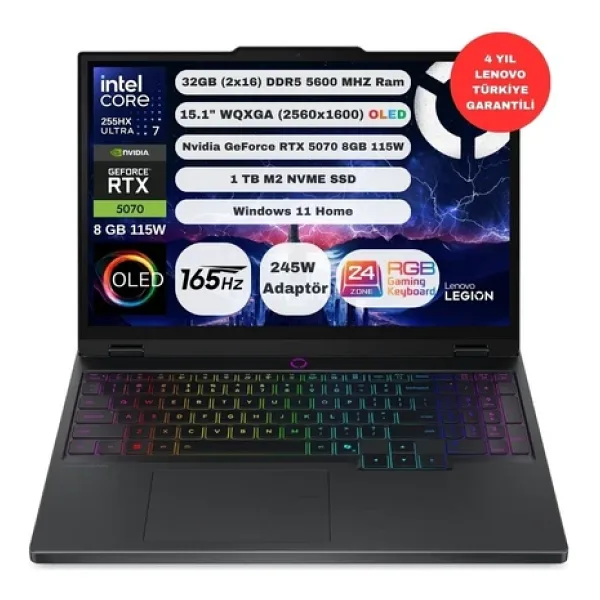 Lenovo Legion 5 Intel Core Ultra 7 255HX 32GB 1TB SSD RTX5070 Windows 11 Home 15.1" OLED 165Hz Taşınabilir Bilgisayar 83F00087TR - 1 TB - 32 GB