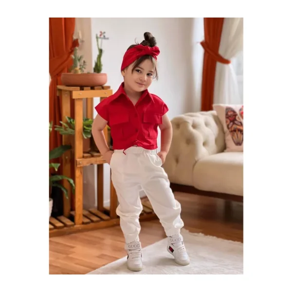 Meqlife Bağlamalı Kız Çocuk Gömlek Krop Bandana Hediye Kırmızı 1-2 YAŞ