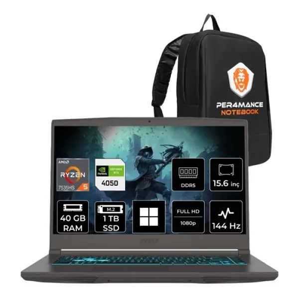 Msı Thin A15 B7ve R5 7535Hs 40Gb 1Tb Ssd Rtx4050/6Gb 15.6" Fhd 144Hz W11h Gaming Laptop & Per4 Çanta