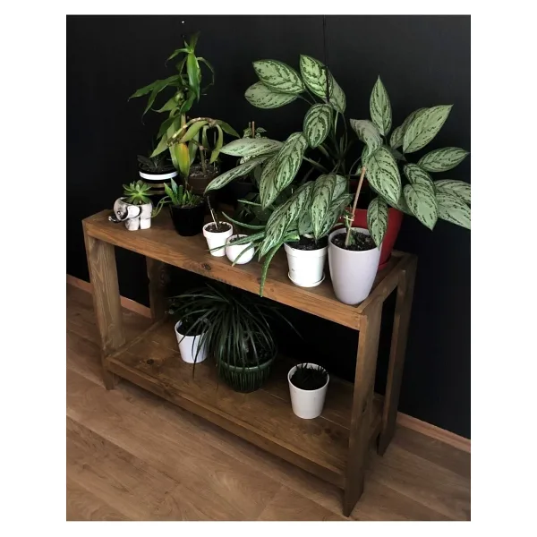 O&A WOOD 2 Katlı Doğal Ahşap Çiçeklik, Koyu Meşe Masif Saksı Standı