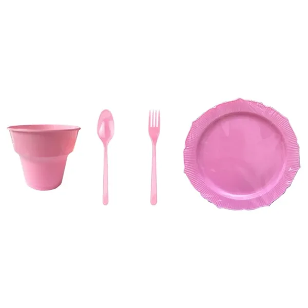 Omeyva 26 Cm. Plastik Mika Pembe Sorfa Piknik Seti - 6 Kişilik Tabak Bardak Çatal Kaşık Takımı