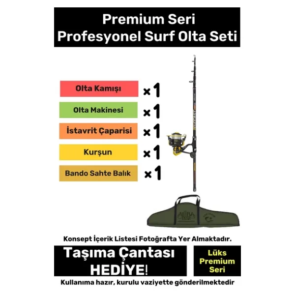 Özel Üretim Şık Taşıma Çantalı Hazır Kurulu Tam Takım Profesyonel Surf Olta Seti - 3m Kamış Hediyeli