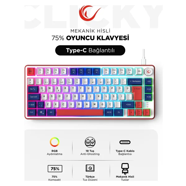 Rampage Clicky 75 RGB TKL Membrane Switch Kablolu Oyuncu Klavyesi