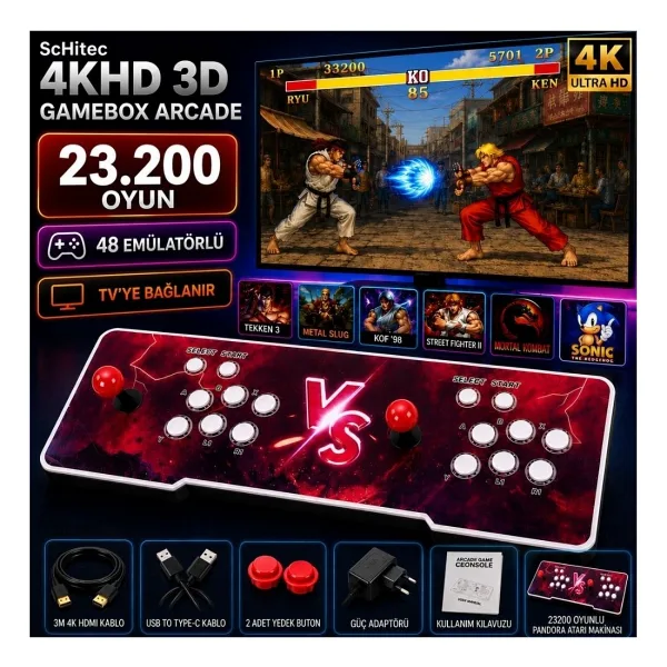 ScHitec 4K Fashion Arcade Station 3D 23200 Oyunlu TV Baglanan Pandora Atari Makinası
