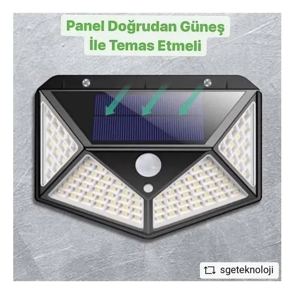 sgeteknoloji Solar Güneş Enerjili Beyaz Işık 100 Led Hareket Sensörlü 4 Taraflı Bahçe Garaj Ev Aydınlatma Lambası