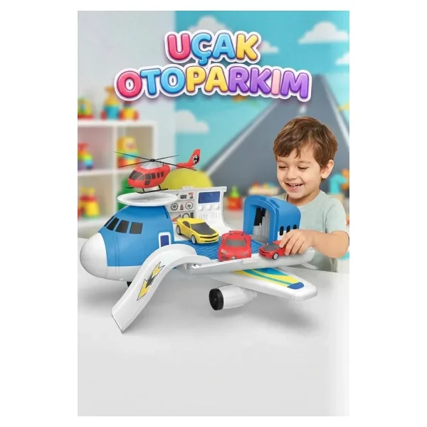 Uçak Otoparkım - 2'Si 1 Arada Dönüşen Uçak Oyun Seti Ve Araç Bakım İstasyonu 32 Cm (2 Spor Araba + 1 Helikopter)