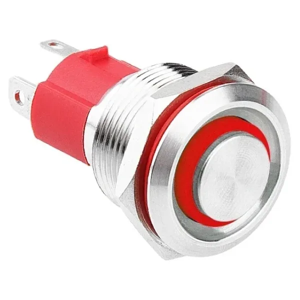 WD19D-P1-E 19mm Düz Yaylı Işıklı Metal Buton - Kırmızı