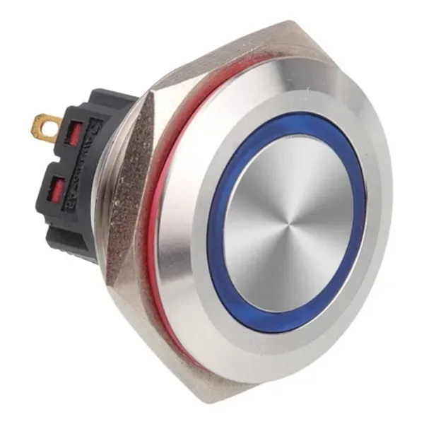 WD28B-P1Z-E 28mm Düz Anahtarlı Işıklı Metal Buton - Mavi