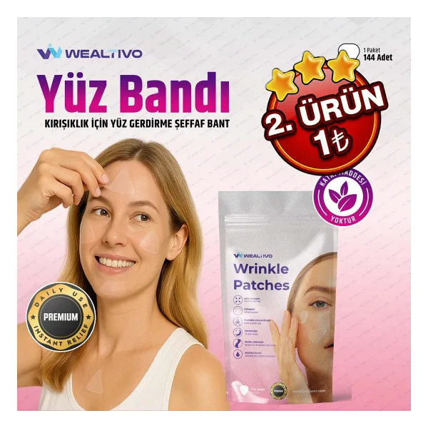 Wealtivo Yüz Bandı (144 Adet) Şeffaf Kırışıklık Karşıtı Yüz Germe ve Anında Kaldırma Bantları - Premium Wrinkle Patch Seti