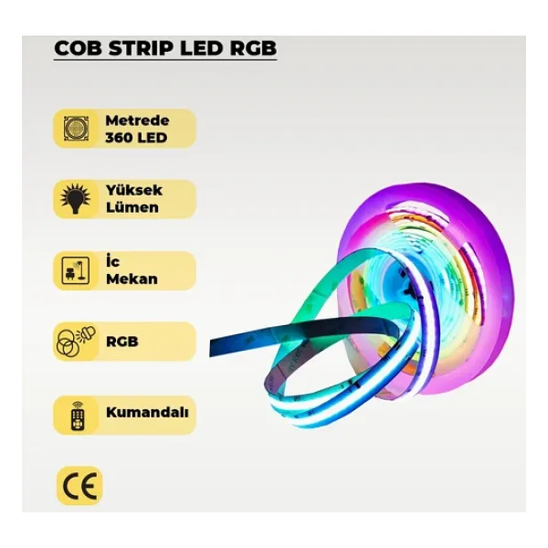 12V Cob Şerit LED Rgb - Kumandalı - Metrede 360 LED - 5 Metre