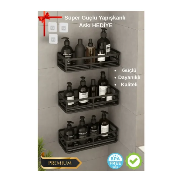 3 Lü Banyo Düzenleyici Organizer Şampuanlık Havlupan Askısı Havluluk Siyah Banyo Duş Mutfak Rafı