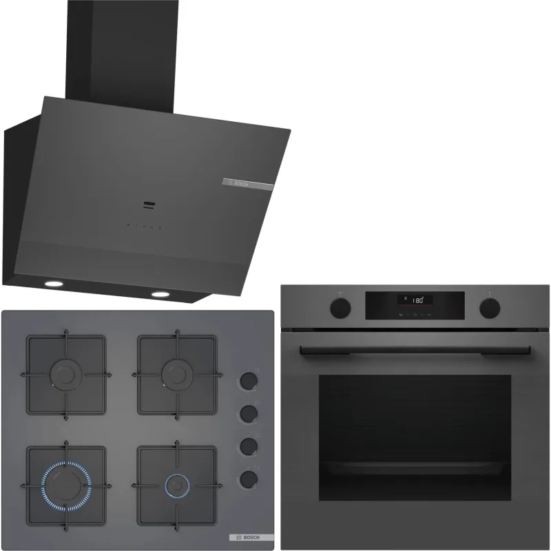 Bosch Hua736en0t Serie 4 Antrasit Buhar Destekli Ankastre Fırın + Pop6c9p31o Antrasit Ankastre Ocak + Dwk67pj70t Serie 6 Davlumbaz 3'lü Set - Gri