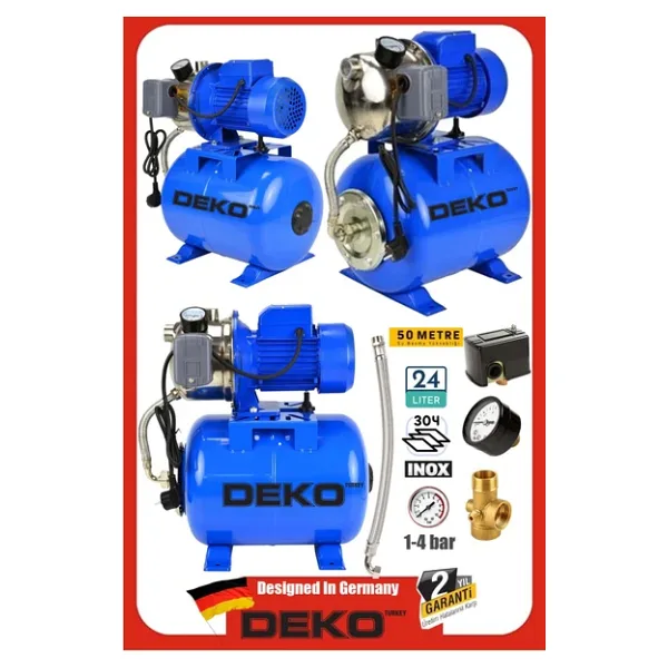 Deko Turkey 1.5hp Özel Paslanmaz Jet Motorlu Su Motoru + 24LT Tanklı Hidrofor Seti 4kat 4daire Full Bakır Sargı