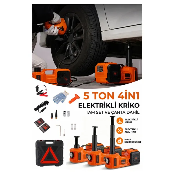 EZERE PowerLift Pro 5 Ton Çok Fonksiyonlu Elektrikli Hidrolik Kriko Lift Kaldırma / Kompresör / Bijon Sökme / LED Işık