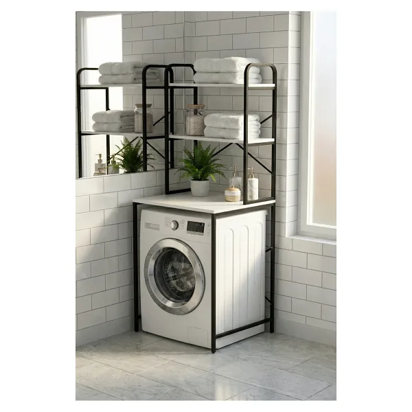 GOLDFALEZ Çamaşır Makinesi Dolabı 2 Katlı Geniş Depolama Raf Ünitesi Metal Banyo Organizer Standı 260Siyah