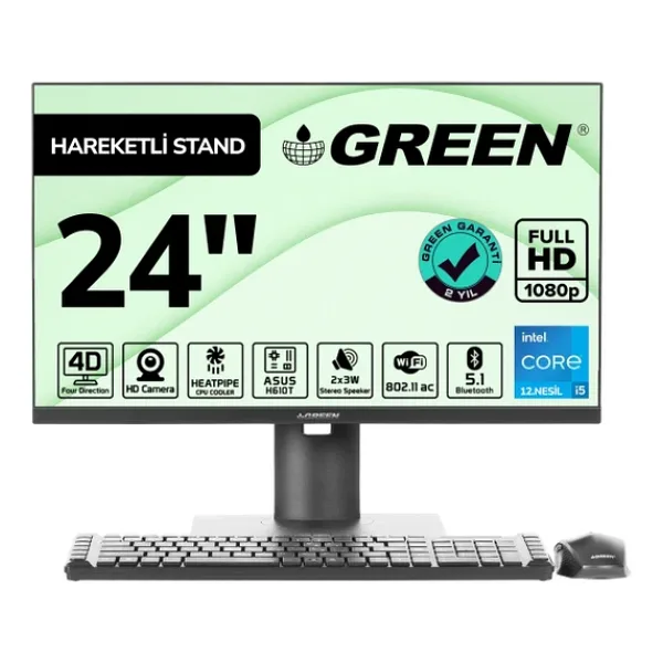 GREEN GT24 Intel Core i5 12400 İşlemci 16GB DDR4 Ram 512Gb M2 Ssd 24" Fhd Freedos Siyah All In One Bilgisayar