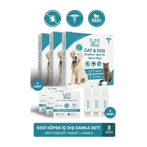muvicado Kedi Köpek Herbal Worm Stop Bitkisel Tablet 250 mg+ Anti Spot On Bitkisel Damla 1 ml Bit Pire Kene