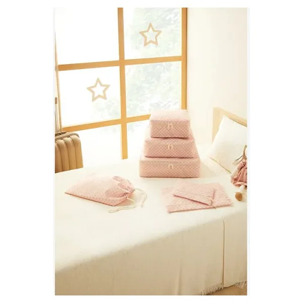 Ocean Home Textile 6'lı Pembe Dama Desen Pamuklu Bavul Içi Düzenleyici Set