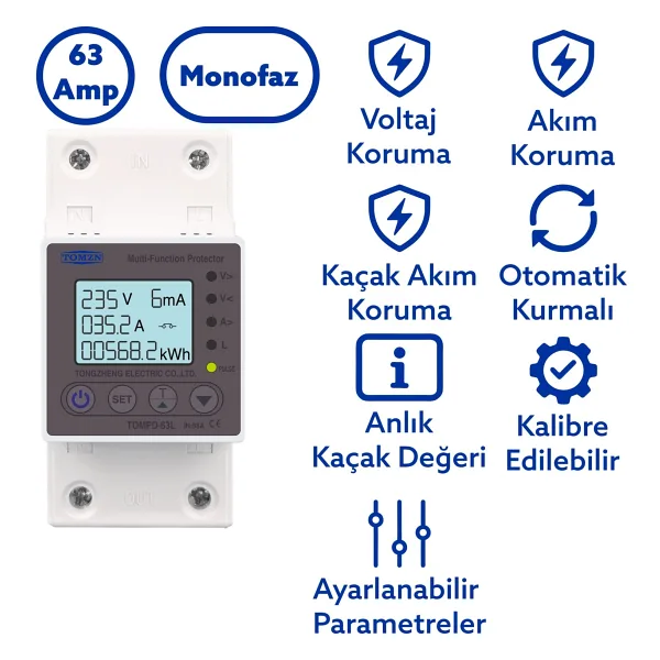 Tomzn Kaçak Akım Koruma Rölesi ve Yüksek Voltaj ve Akım Koruyucu Röle 63A Devrim Niteliğinde Yenilik