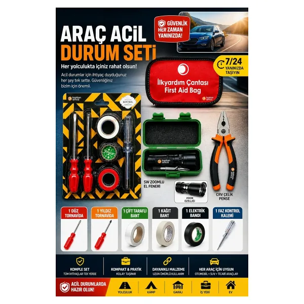 Toptancı Amca ZOOMLU KAPAKLI FENERLİ TRAFİK SETİ ZORUNLU ARAÇ SETİ 9 parça set pense tornavida bant