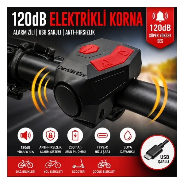 TriLine 120 dB USB Şarjlı Bisiklet Kornası Alarm Zili Anti Hırsızlık Elektrikli Korna Scooter