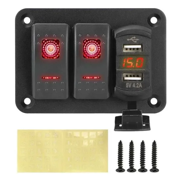 6'lı ON-OFF Işıklı Anahtar Switch Panel 2x5V USB ve Voltaj Göstergeli