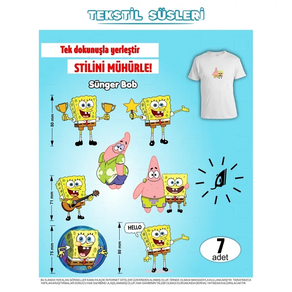 Agg Reklam Ütü ile Yapışan Kıyafet Etiketi Sünger Bob 7li Set
