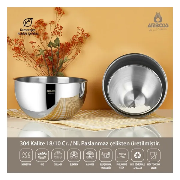 Amboss 3 Parça Paslanmaz Çelik Karıştırma Kabı Seti 16 cm 20 cm 24 cm Hijyenik ve Dayanıklı