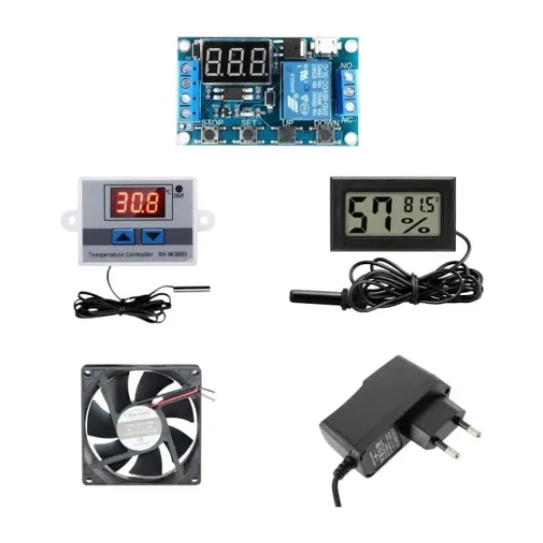 Arduino Kuluçka Makinesi Seti - 5 Parça - W3001 Termostat 220V - Isı Nem Ölçer - 12V Adaptör - 80x80 12V Fan