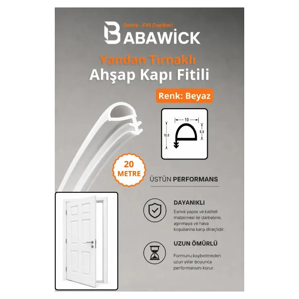 Babawick Ahşap Kapı Kasa Fitili/ Ahşap Amerikan Kapı Kasa Fitili Beyaz 10 Milim Yandan Çift Tırnaklı D Fitil - 20 METRE