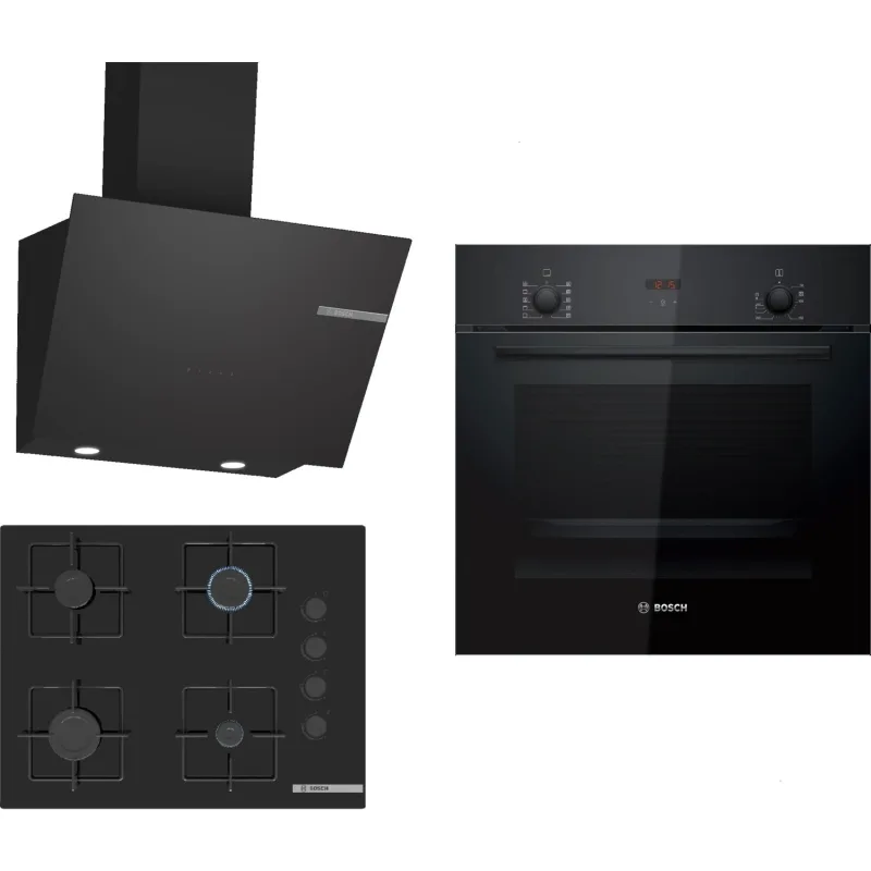 Bosch Hbf512bb1t Serie 2 Ankastre Fırın + Pop7c6p30o Serie 4 Gazlı Ocak + Dwk66pj60t Serie 4 Duvar Tipi Davlumbaz Ankastre Set - Siyah