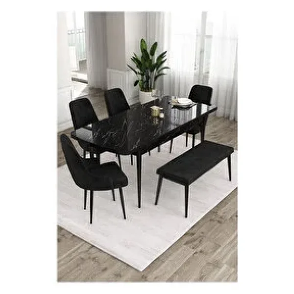 Canisa Ram Serisi, 80x132 Açılabilir Siyah Mermer Desen ,mutfak Masası Takımı, 4 Sandalye Ve 1 Bench Siyah