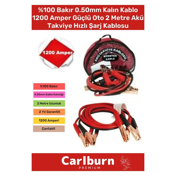 Carlburn %100 Bakır 0.50mm Kalın Kablo 1200 Amper Güçlü Oto 2 Metre Akü Takviye Hızlı Şarj Kablosu Uyumlu