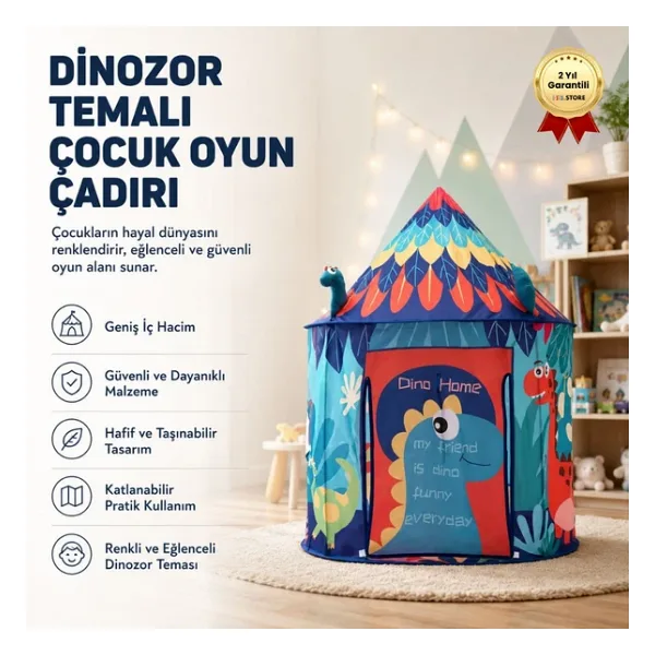 Dinozor Temalı Çocuk Oyun Çadırı Katlanabilir ve Taşınabilir